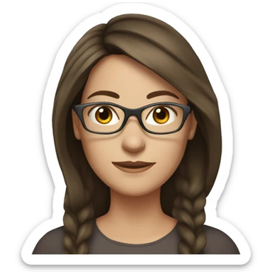 Brunette woman in her mid-30s with glasses and long hair, white woman sticker
