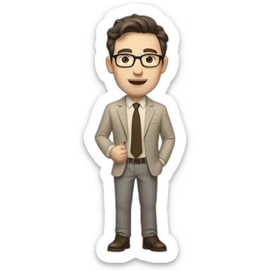 Full height Gesticulating Pale skinned fit man with dark brown hair in gray jacket, beige office shirt, brown tie, brown pants and vintage glasses. sticker