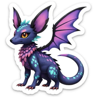 Rare epic aesthetic iridescent spooky gloomy colorful Salandit-Noibat-Eevee-Genet-species-Fakemon-hybrid-creature, with markings, full body sticker