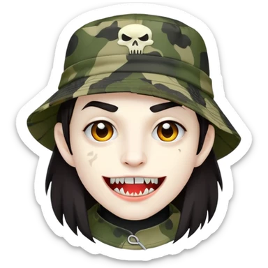 Vampire wearing a camo styled bucket hat. Dark hair and fangs also sticker