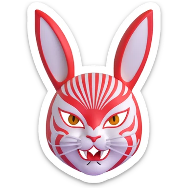stylized usagi rabbit kabuki mask, red and white, angry expression, highly detailed sticker