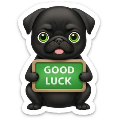 black pug holding a green sign with 'good luck' text sticker