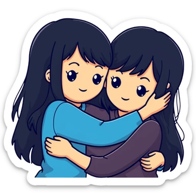 two white girls with long black hair hugging each other, one with bangs sticker