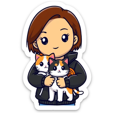 Light-skinned girl with brown straight hair wearing a black jacket, holding one pure white cat and one calico cat with orange black patches sticker
