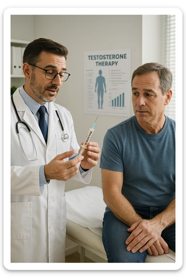 a doctor in a white coat prepares a syringe labeled “Testosterone” while a middle-aged man sits calmly on the examination table, sleeve rolled up and looking slightly apprehensive but trusting. The doctor explains the procedure, and a medical chart about testosterone therapy is visible in the background. The mood is professional and reassuring. sticker