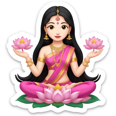 maa lakshmi, long black hair, sitting on lotus, holding lotus in both hands, cute pink sari sticker