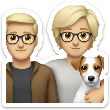 White blonde girl and a white brown hair men with glasses, both cuddling a jack Russell sticker