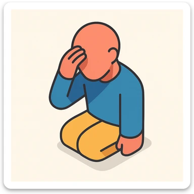 minimalist human silhouette without hair, holding head, symbol of fatigue, stress or headache, 2D isometric style, very simple shape, clear shadows and highlights sticker