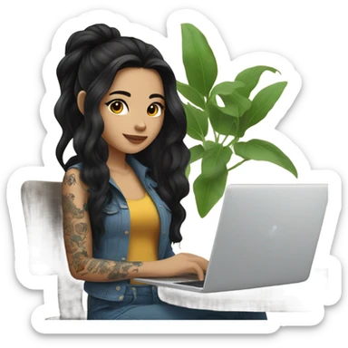 beautiful girl, with tattoos, with long black hair, wavy hair, chinese, with laptop sticker