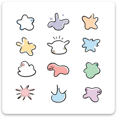 Colorful paint splatters, drips, and splashes in various shapes. Using specific pastel colors (dd9fb0, ffc6d3, a3bfc9, c4bee2, f1b091). Hand-drawn doodle style with playful, artistic splatter patterns. Transparent background. sticker