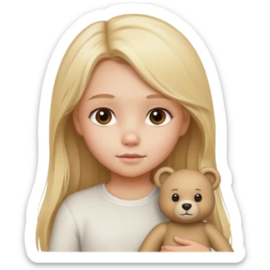 Blonde little girl, long hair, white long sleeve, with beige bear sticker