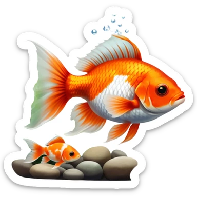 Large aquarium fish like veil tails and lionhead goldfish swimming gracefully in a beautifully decorated aquarium. Colorful aquatic plants, smooth rocks, and gentle bubbles surround the fish. The water shimmers in sunlight, creating a peaceful and vibrant underwater scene. Transparent background. sticker
