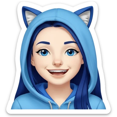 Laughing-long-straight-dark-blue-hair-blue-eyes-thick-black-eyeliner-really-thick-really-long-eye-lashes-sky-blue-puma-hoodie-sweatshirt sticker