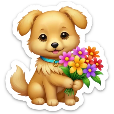 A cute dog holding a lot of flowers sticker