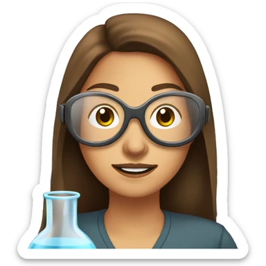 Woman with straight long brown hair wearing clear goggles in a lab class with a traditional bench and beakers  sticker