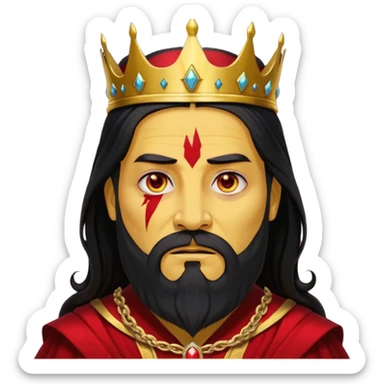 


an old king with yellow skin, red eyes, 60 years old, black hair, black beard, wearing a crown, red robe, fierce face, baron/lord vibe, longer hair cover the face, add scar
 sticker