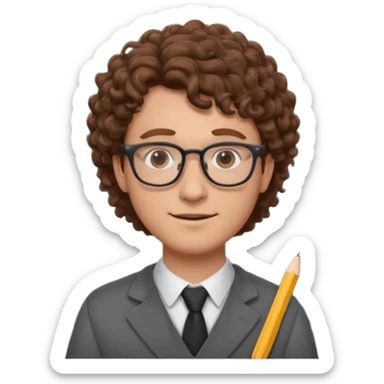 Please could you generate an emoji of a male teacher with brown curly hair and glasses stood infront of a chalkboard  sticker