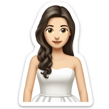 Braut mit glatten, dunkelbraunen kinnlangen Haaren und weißem schulterfreien Brautkleid mit Herzausschnitt. Sie trägt einen langen weißen Schleier am Hinterkopf. Die Haare trägt sie offen.  sticker