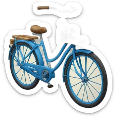 blue step-through bicycle with wooden crate on rear sticker