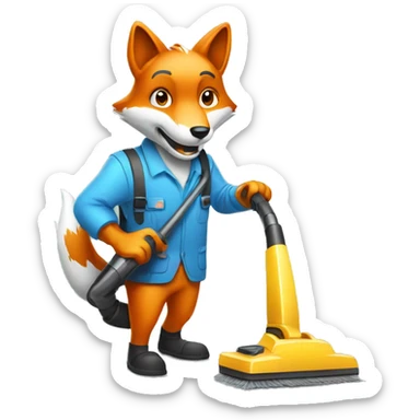 a fox from a cleaning company with a vacuum cleaner in his hands sticker