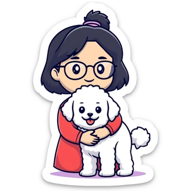 Girl with long black hair and glasses holding a white Bichon Frise dog sticker
