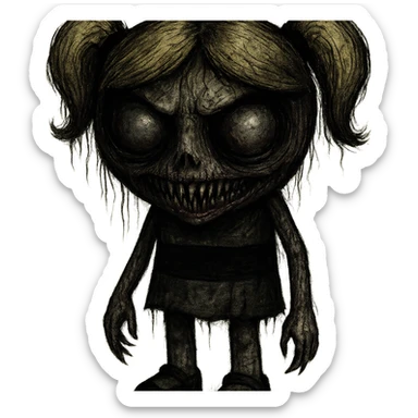 Bubbles from Powerpuff Girls, reimagined in a scary, horror-inspired style, with unsettling features and a creepy vibe, dark and eerie atmosphere sticker