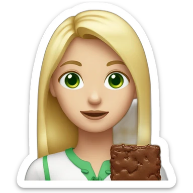 Blonde girl, green eyes holding a brownie sticker