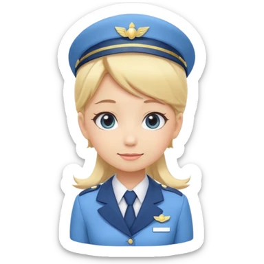 Cute emoji-style Japanese flight attendant, blonde hair long, pastel blue airline uniform, kawaii cartoon style, big eyes, simple clean lineart, pastel colors, chibi proportions, friendly smile, sticker/emoji, transparent background sticker