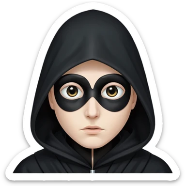 A person wearing a long black robe and a very tall, pointed black hood that covers their entire face, with a small eye slit showing one e sticker