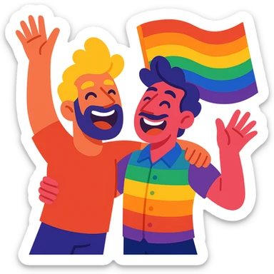 two very flamboyant, affectionate men, vibrant colors, expressive, joyful, celebrating LGBTQ+ pride sticker