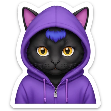 Black cat wearing a violet hoodie sticker