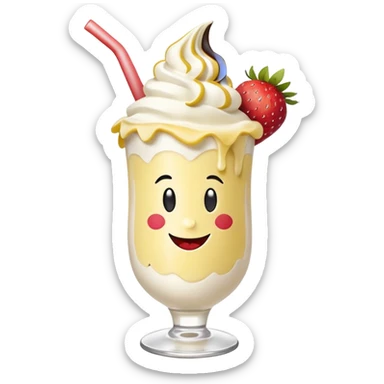 Milkshake vanilla with a banana sticking out of the milk shake it and two strawberries on both sides of the banana at the very tip of the banana, whipped cream and a smiley face sticker