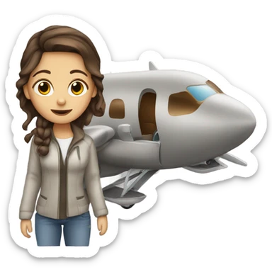 Girl with brown hair in a plane sticker