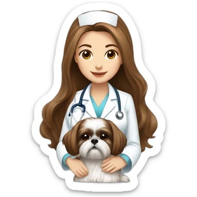 a girl nurse in long brown hair sits with a white and brown shih tzu sticker