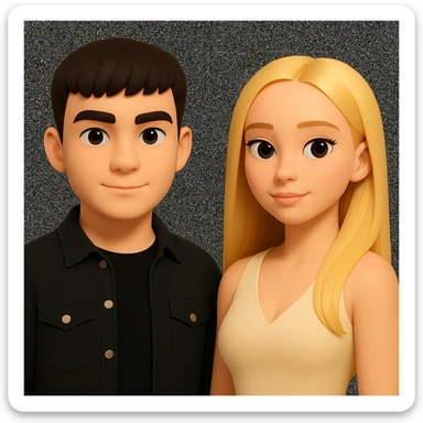 Slightly increase the volume of the upper body of the girl, spread them far apart from each other, make the skin color the same for both characters, while preserving the cartoonish 3D style as in the reference image. sticker