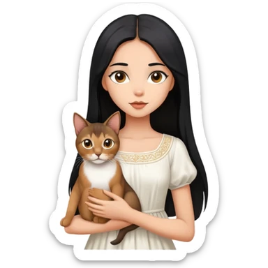 A beautiful girl with long black hair wearing a white dress holds an Abyssinian cat in her arms sticker