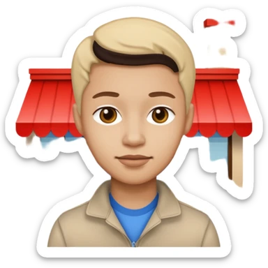 a single 2D line-drawn character + small shop sticker