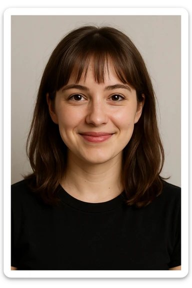 person with brown hair and bangs, brown eyes, black shirt, simple background, friendly expression sticker