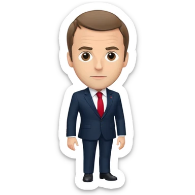 figure of Emmanuel Macron with an oversized head and small body, standing, wearing a dark navy suit and red tie, highly recognizable face, simplified details sticker