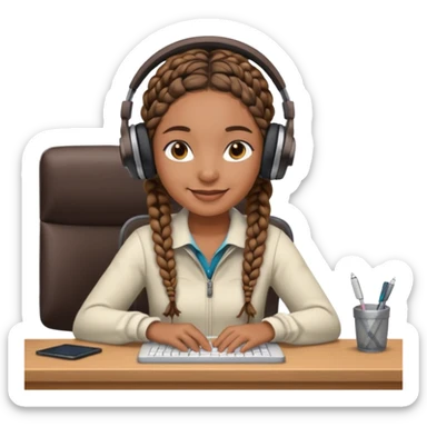 realistic brown skinned female with braids sitting at a desk with headphones on sticker