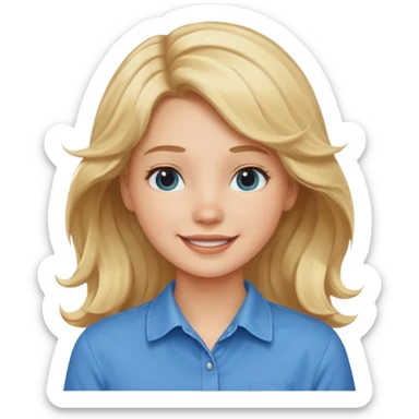 Happy blond girl with light weavy hair with a blue shirt but we can see only her face and neck and the top of the t shirt, no whole body sticker