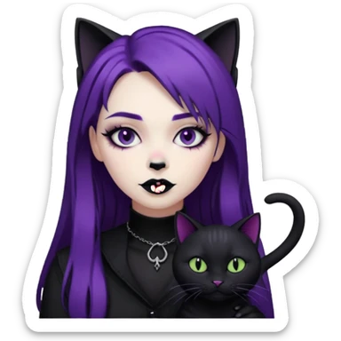 Goth purple woman with black cat. Animated sticker