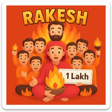 Add the name 'Rakesh' above the divine leader and a visible 1 lakh check in his hand, keeping the fire and team of devotees below. Make the name and check stand out clearly. sticker
