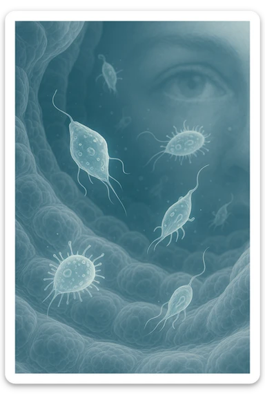 A detailed macro-style image of a translucent human intestinal wall under extreme magnification. Floating nearby are multiple protozoa — small, semi-transparent, shapeshifting organisms with flagella or cilia, glowing faintly under the microscope. In contrast, a faded overlay silhouette of a human eye is shown in the background, symbolizing how these organisms are invisible to unaided vision. The scene is softly lit with cool bluish tones, evoking a clinical and microscopic atmosphere. Focus is hyper-sharp on the protozoa, with blurred organic tissue textures in the background. Educational yet haunting, it shows how much remains unseen inside the body sticker