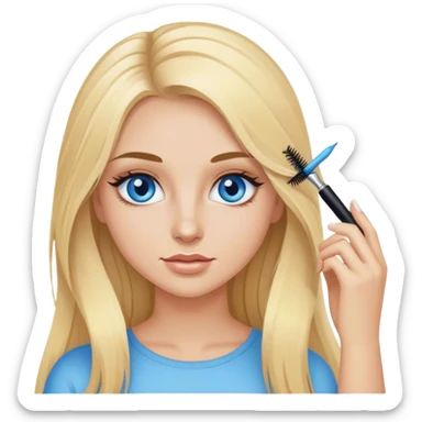 Cinematic realistic blonde with long hair, blue eyes with mascara in her hands sticker