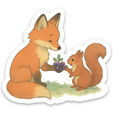 fox and squirrel sharing berries, forest friendship scene, soft pastel colors, ghibli style sticker