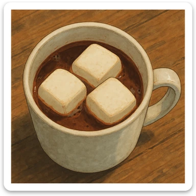 birds eye view of realistic hot chocolate white mug with three big marshmallows in it sticker