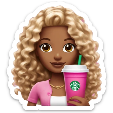 Barbie girl with brown and blonde ombré long curly hair holding Pink starbucks refresher sticker