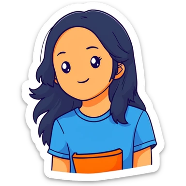 teenager girl with black long hair and blue shirt sticker