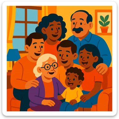 warm illustration of a family theme, diverse age family members together, bright and cozy atmosphere sticker